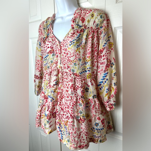 SUNDANCE Catalog Flower Festival Washable Silk Blouse Tiered Top Ivory Shirt - Picture 3 of 11